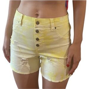 NWT HUE Yellow White Tie Dye Ultra Soft Denim Frayed High Waisted Shorts - Small